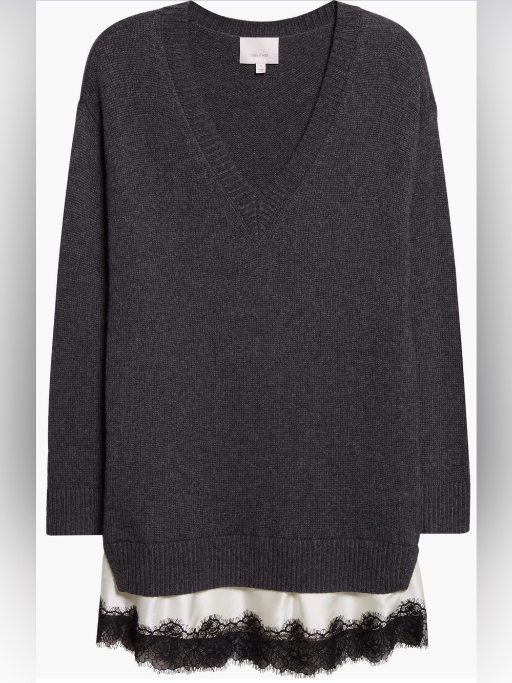 cinq a sept Charcoal V-Neck Knit Sweater with Cream Slip and Black Lace Hem